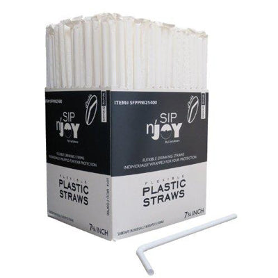 Crystalware Flexible Plastic Drinking Straws - White, Individually Wrapped, Food-Safe BPA Free, 380/Box  7 ¾ Inches Long