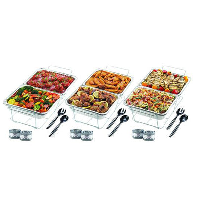 32-PC Chafer Warming Set Holds 8 Dishes: Wire Stands - Aluminum Pans - Sternos - Serving Utensils