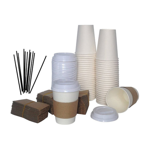 Disposable 12 Oz Paper Coffee Cups with Lids, Stirrers & Sleeves